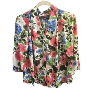Investments Womens Caroline Top Shirt Blouse Floral Pleated Multi Long‎ Sleeve M